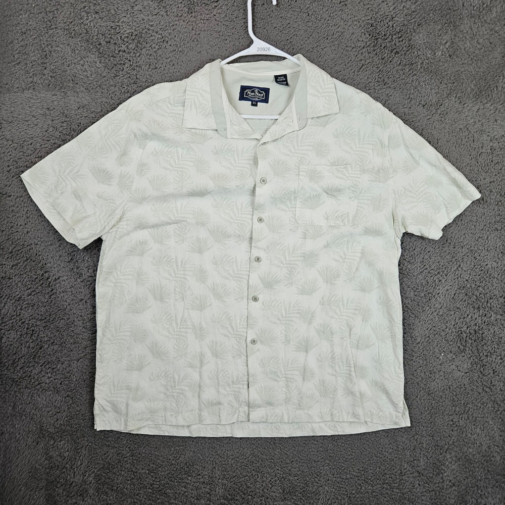 Nat Nast Mens XL Silk Cotton Blend Tropical Palm Button Front Camp Shirt Green